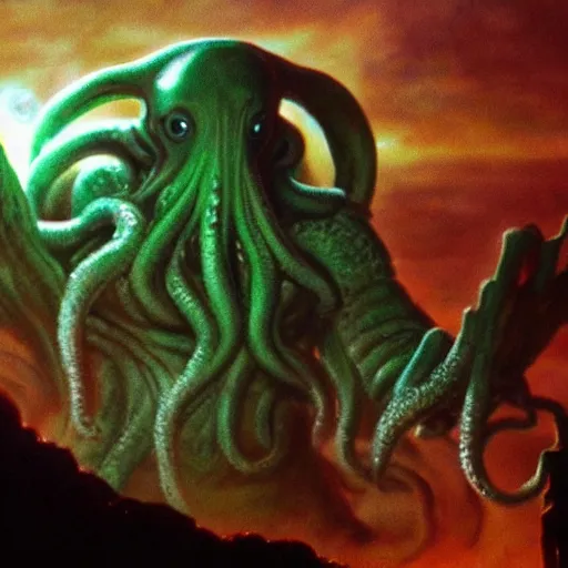 Image similar to beautiful cinematic scene of Cthulhu the cosmic god consuming the fearful people