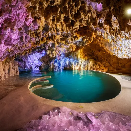 Image similar to inside a cave with a hot spring and the walls of made of amethyst, photo