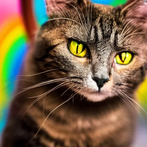 Image similar to photograph of a rainbow cat staring at the camera, shallow focus, wide angle lens, hyper realistic, macro, 8 5 mm