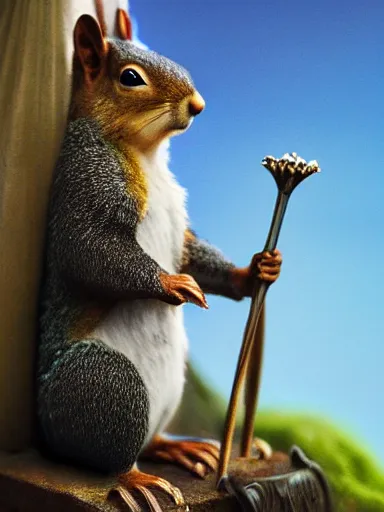 Prompt: a squirrel as king arthur, extremely plump, wearing crown of acorns and dandelions, servant squirrels, king arthur's court, game of thrones, sitting on throne, low angle, palace, fantasy art, cinematic lighting, realistic, sony 2 4 mm f 4. 0