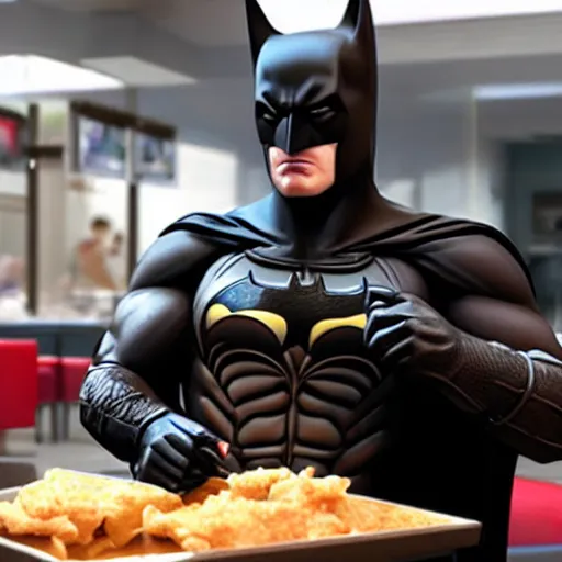 Prompt: A still of Batman eating at KFC, 4k, photograph, ultra realistic, highly detailed, studio lighting