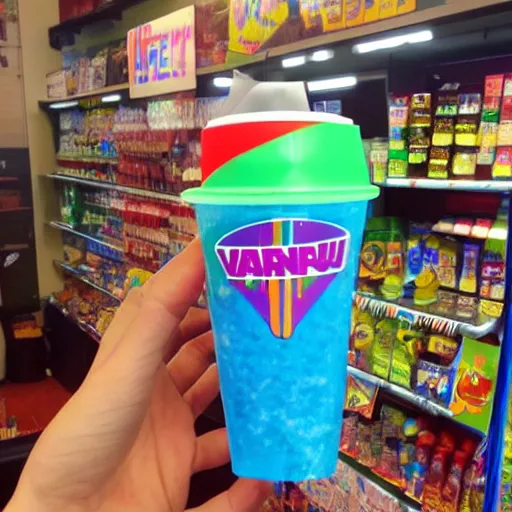 Image similar to a 7 eleven slurpee shaped like tge rapper vanilla ice