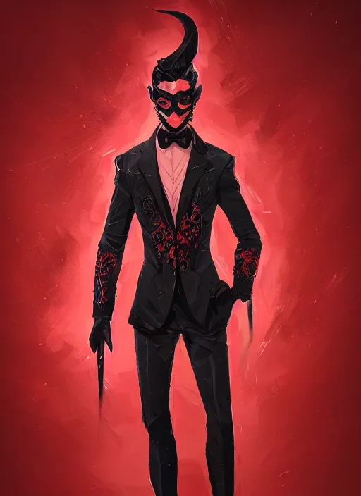 Image similar to a highly detailed illustration of short wavy haired man wearing masquerade and red and black suit, dramatic standing pose, intricate, elegant, highly detailed, centered, digital painting, artstation, concept art, smooth, sharp focus, league of legends concept art, wlop