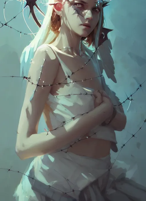 Image similar to portrait of cute angel maiden girl with crown of thorns and white short hairs, warhammer, cyberpunk, by atey ghailan, by greg rutkowski, by greg tocchini, by james gilleard, by joe gb fenton, by kaethe butcher, dynamic lighting, gradient light blue, brown, blonde cream and white color in scheme, grunge aesthetic