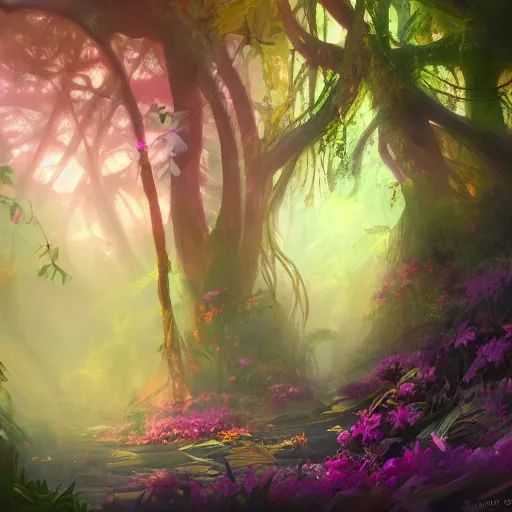 Image similar to hidden flower in dark forest, dense jungle, colorful flower, color palette, painting, mysterious, beautiful, magic the gathering, artstation award