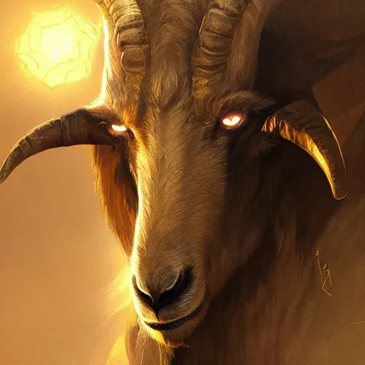 Image similar to the eternal goat, bringer of light. Highly detailed painting Greg rutkowski. Good clear quality, high detail, octagon render 8k