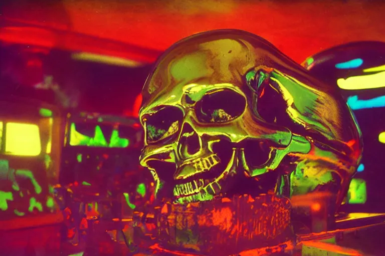 Prompt: giant screaming metallic skull inside of a 1970s videogame arcade, neon lights, dirty, ektachrome photograph, volumetric lighting, f8 aperture, cinematic Eastman 5384 film