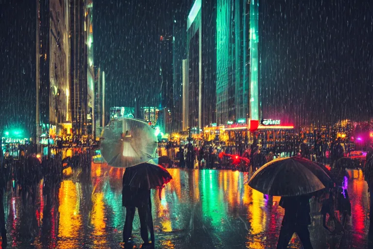 Prompt: canon, 300mm, bokeh, city at night, raining, reflections, people with umbrellas, neon lights