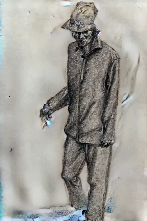Image similar to a drawn man standing in the rain. pencil sketch.