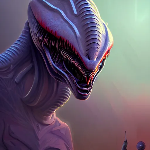 Image similar to professional concept art portrait of a predatory alien species on a depth of field background, by cam sykes. an intricate, elegant, highly detailed digital painting, concept art, smooth, sharp focus, illustration, in the style of syd mead.