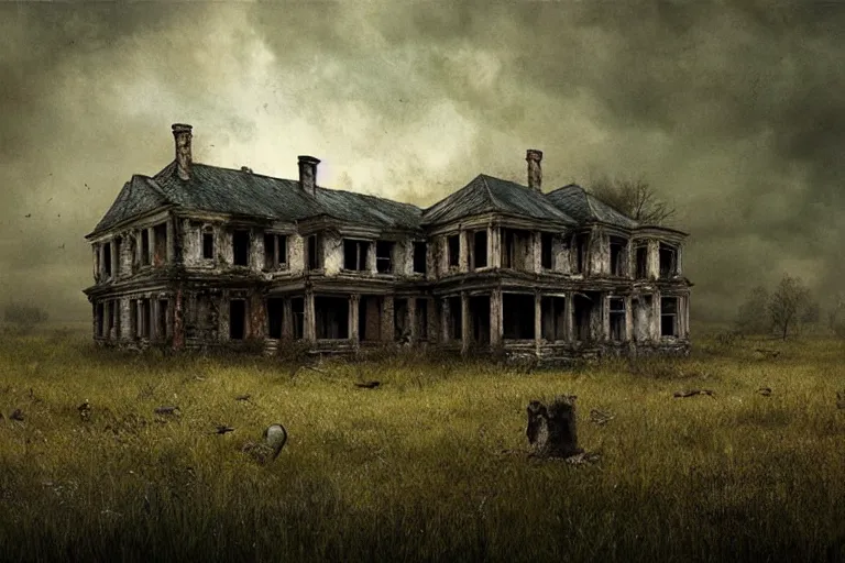 Image similar to dilapidated country estate, abandoned, eerie, spooky matte painting by andrea kowch, detailed realistic