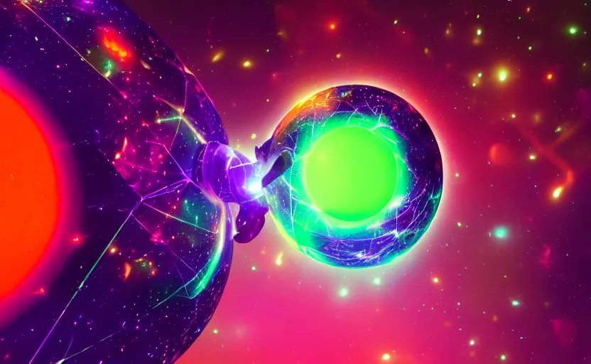 Image similar to pro - vida, cosmic integration, closeup of a hand holding spheres of power, cosmic color scheme, macro up view, neon, glow, darkness, dramatic, sharp focus, octane render, imax