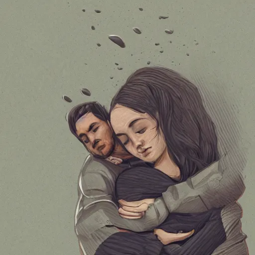 Image similar to closeup of dark haired man holding a sleeping woman close, outside, heavy rain, large tree, high fantasy, hiking bags, digital illustration, trending on artstation, somber, muted colors, highly detailed