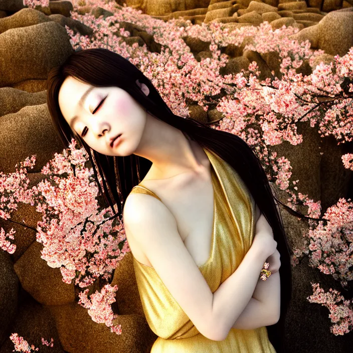 Prompt: Kodak Portra 400, 8K, soft light, volumetric lighting, highly detailed, Rena Nounen style 3/4 ,portrait photo of a Japanese ravishing Goddess by WLOP, the face emerges from a lava flowing gold travertine terraces with sakura trees, inspired by Ophelia paint , a beautiful chic dress and hair are intricate with highly detailed realistic beautiful flowers , Realistic, Refined, Highly Detailed, ethereal lighting colors scheme, outdoor fine art photography, Hyper realistic, photo realistic, masterpiece