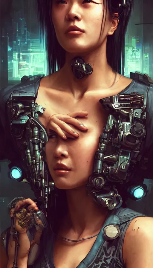 Prompt: cyberpunk, perfectly-centered-Portrait of the most beautiful women on the planet, mechanic, lost, visor, yakuza, sweaty, asian, insane, intricate, highly detailed, digital painting, artstation, concept art, smooth, sharp focus, illustration, Unreal Engine 5, 8K, art by artgerm and greg rutkowski and alphonse mucha