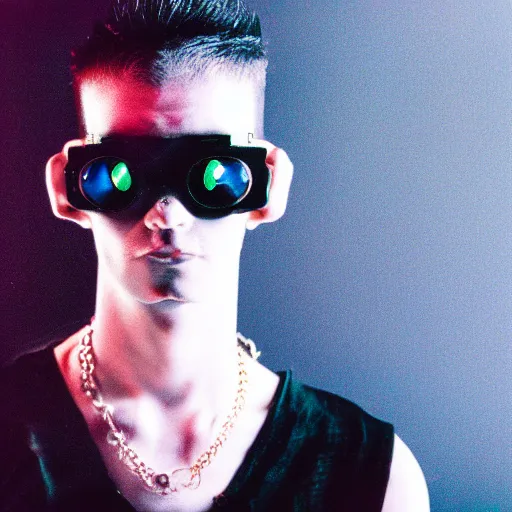 Prompt: kodak portra 4 0 0 photograph of a skinny cybergoth goth guy wearing goggles and eclectic jewelry, moody lighting, telephoto, 9 0 s vibe, blurred background