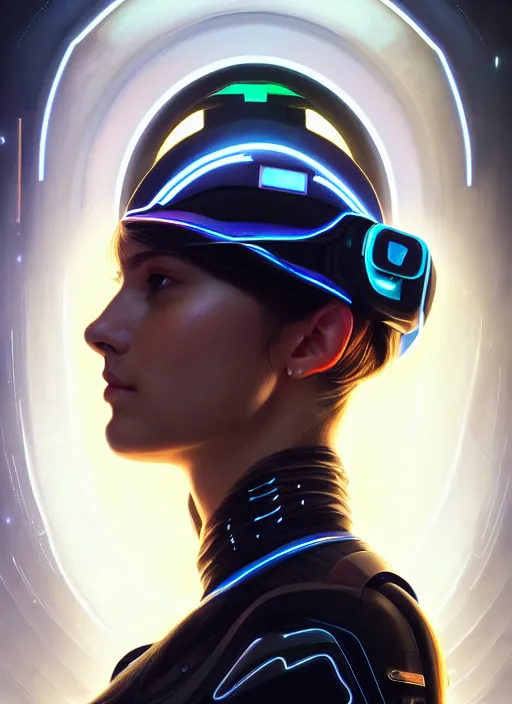 Prompt: symmetry portrait of a very beautiful caucasian young cyberpunk woman wearing a visor, sci - fi, tech wear, glowing lights intricate, elegant, highly detailed, digital painting, artstation, concept art, smooth, sharp focus, illustration, art by artgerm and greg rutkowski and alphonse mucha