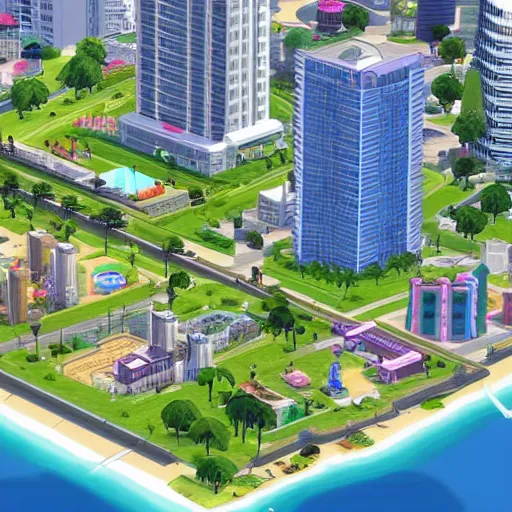 Prompt: A highly detailed Isometric view of Miami in the style of The Sims 4