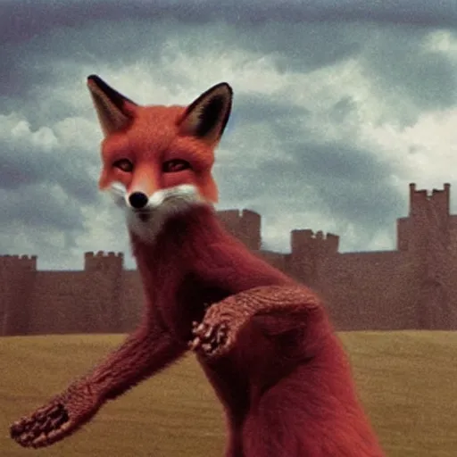 Image similar to anthropomorphic fox!! who is a medieval knight holding a swo - rd towards a stormy thundercloud [ 1 9 3 0 s film still ], ( castle in the background )