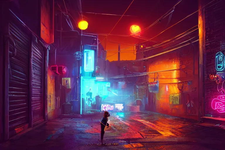 Image similar to cyberpunk ginger cat in the alley, neon lighting, rendered in unreal engine, trending on artstation, cyberpunk, night
