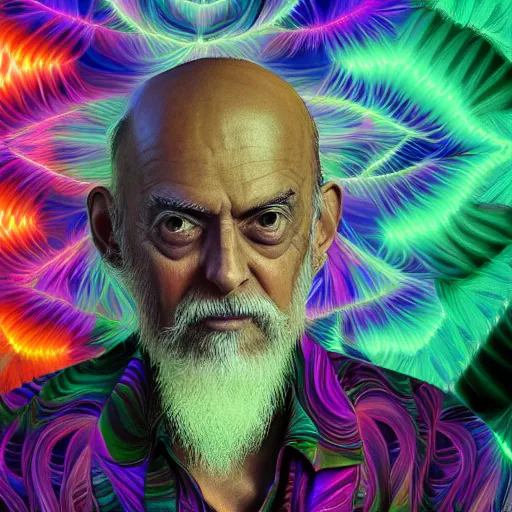 Prompt: psychedelic portrait of ram dass, background by Alex Grey and Tokio Aoyama, 4k, hyperrealistic, unreal engine extreme detail