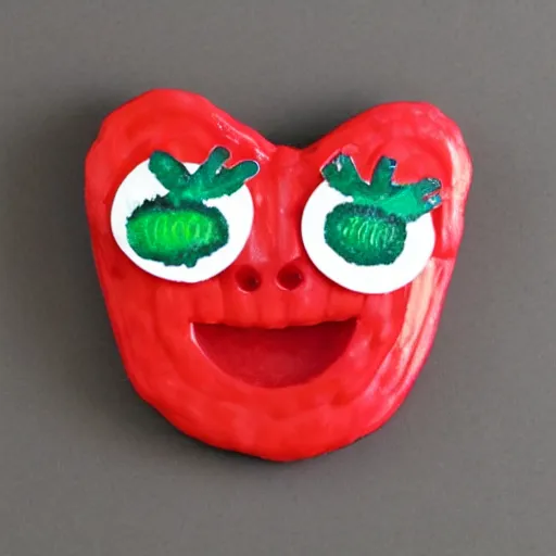 Image similar to a cute strawberry character with two front teeth, holding a yellow toothbrush, in the style of victor moscoso