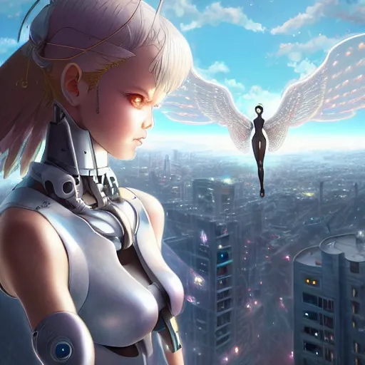 Image similar to cute cyborg - angel girl with large angelic wings standing on the edge of a rooftop overlooking a dystopian city, left eye gold and right eye silver, biomechanical details, bionic cyborg implants, digital cyberpunk - anime art, full body shot, wlop, ilya kuvshinov, artgerm, krenz cushart, greg rutkowski