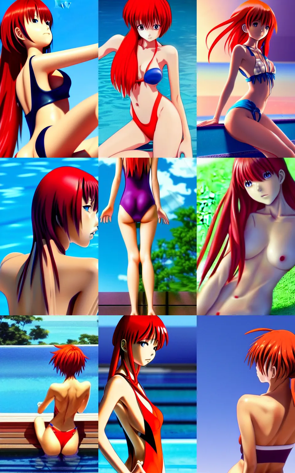 Prompt: beautiful Asuka from Evangelion, full body shot, sitting at the edge of pool, bare shoulders, one piece closed swimsuit monokini, long red hair, realistic body proportions, view from behind, artstation, fine details, kyoani, high resolution, 4k, digital painting by WLOP, octane render, photorealistic, composition, ultra realistic