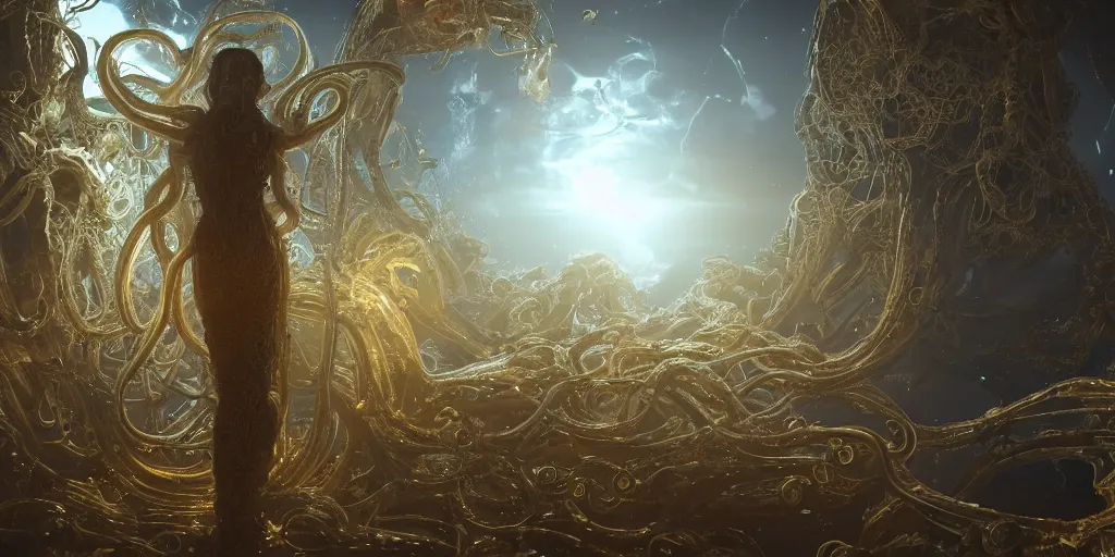 Prompt: a photo of 8k ultra realistic corrupted lovecraftian golden humanoid queen standing next to a spaceship window overlooking earth, 8 intricate white and gold tentacles, cinematic lighting, trending on artstation, 4k, hyperrealistic, focused, extreme details, unreal engine 5, cinematic, masterpiece