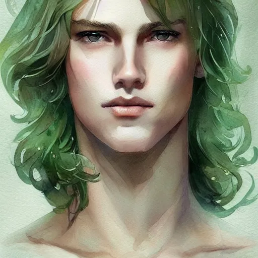 Prompt: teen boy, middle length hair, blonde hair, green eyes, gorgeous, amazing, delicate, feminine, elegant, intricate, highly detailed, watercolor, portrait, artstation, concept art, sharp focus, illustration, art by charlie bowater and Ross tran