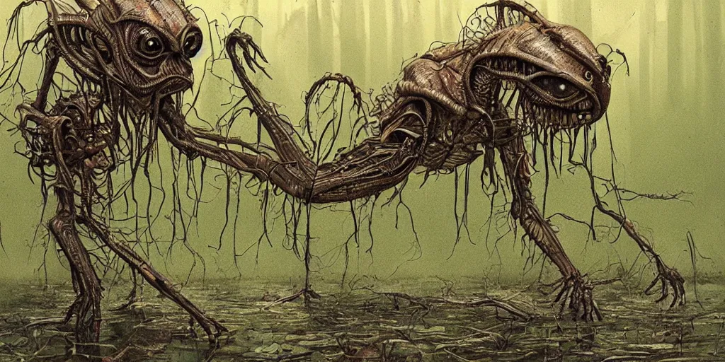 Image similar to extremely disturbing alien creature crawling through a swamp, created by Scott Listfield