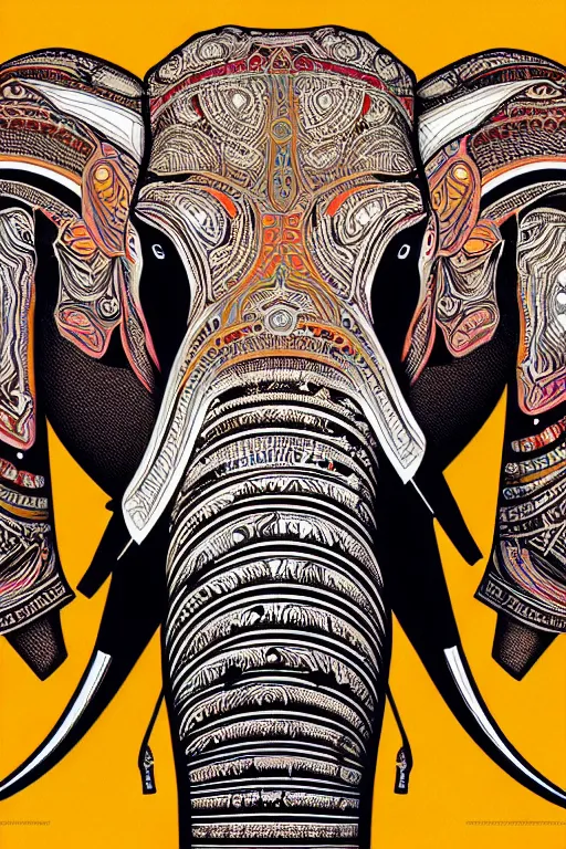 Image similar to a centered portrait of a robotic elephant headed biomechanical creature by clogtwo and subjekt zero. intricate detailed sharp clean textured very ornated. indian tapestry style. lowbrow color palette