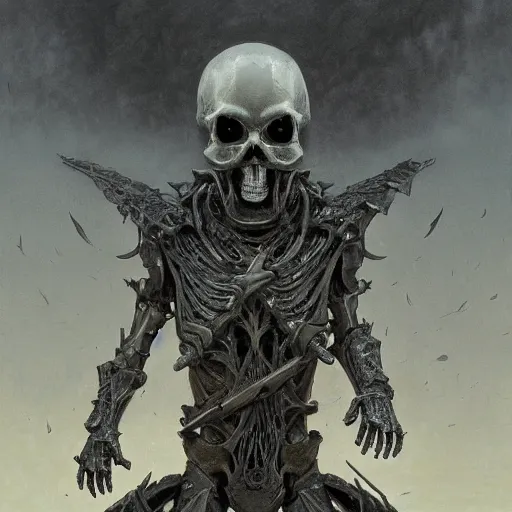 Image similar to bones and skull armor made of bones, anthropomorphic shiba inu, metal skull face, stuning 3 d render, masterpiece, glowing black aura, foggy dark graveyard, by donato giancola and greg rutkowski and wayne barlow and zdzisław beksinski, realistic face