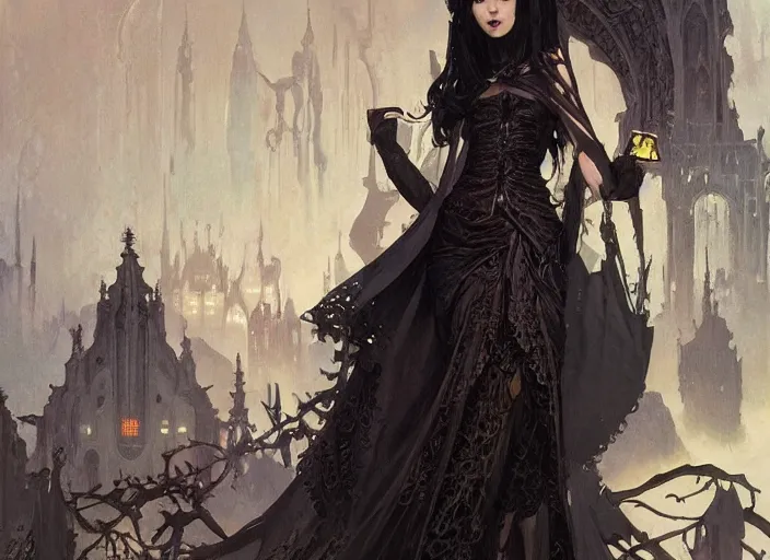 Prompt: gothic amai liu, full body, d & d, fantasy, intricate, elegant, highly detailed, digital painting, art station, concept art, smooth, sharp focus, oil painting, art by syd mead and greg rutkowski and alphonse mucha