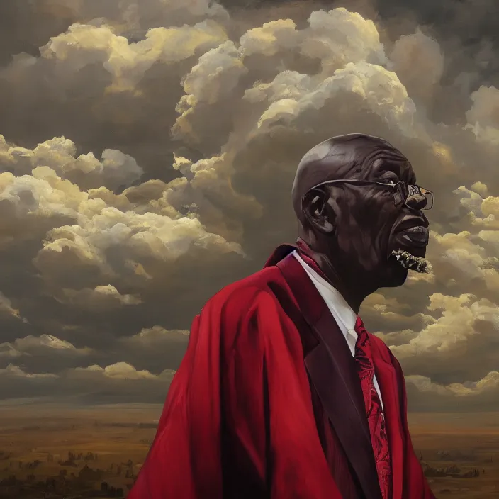 Image similar to a painting of a XXL wise elder from Kenya in a suit by Kehinde Wiley . dramatic angle, ethereal lights, details, smooth, sharp focus, illustration, realistic, cinematic, artstation, award winning, rgb , unreal engine, octane render, cinematic light, macro, depth of field, blur, red light and clouds from the back, highly detailed epic cinematic concept art CG render made in Maya, Blender and Photoshop, octane render, excellent composition, dynamic dramatic cinematic lighting, aesthetic, very inspirational, arthouse.