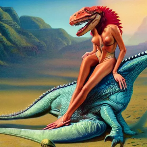 Prompt: Lady Gaga sitting on a dinosaur's back, playing a keytar, painted by Boris Vallejo in 1990, 4k highly detailed, hyper realistic, trending on artstation