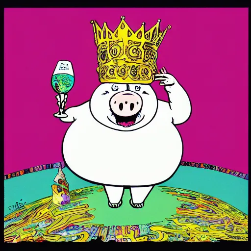 Image similar to trippy comic art of a obese pig wearing a gold crown holding a bottle, drawn by Martin Rowson, Tim Burton, Studio Ghibli, Alex Pardee, Nekro Petros Afshar, James McDermott, colors by lisa frank, unstirred paint, vivid color, cgsociety 4K