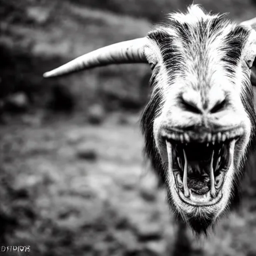 Image similar to horror, highly detailed photography, desaturated, mutated goat with huge mouth open to reveal filthy crocodile - like teeth, matted fur, in muddy medieval village, howling, screeching