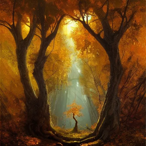 Prompt: tree with golden glowing leaves that grows upside down from the ceiling of an underground cave, oil painting, by greg rutkowski