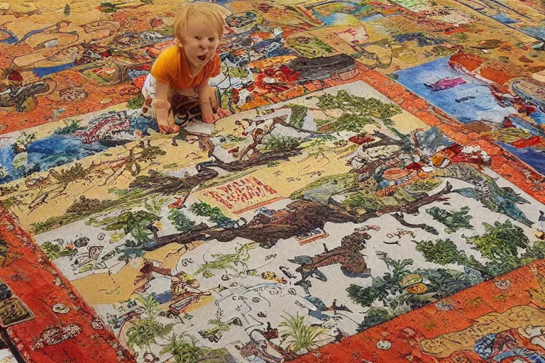 Image similar to an elaborate and dense painting of a kids road map carpet rug, detailed, made of alcohol ink on parchment and penned illustrations, by wes anderson and geoff darrow!!!!!