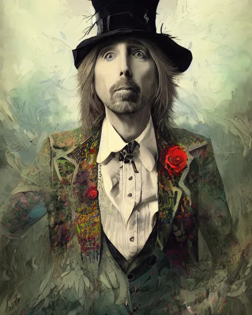 Image similar to tom petty as the mad hatter, contrast, kim jung gi, greg rutkowski, zabrocki, karlkka, jayison devadas, trending on artstation, 8 k, ultra wide angle, zenith view, pincushion lens effect