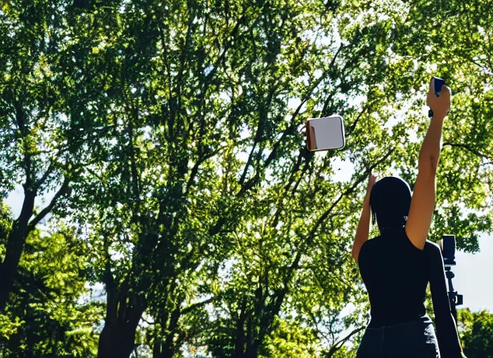 Image similar to photo still of a bronze statue of a woman using an iphone to take a selfie in a park on a bright sunny day, 8 k 8 5 mm f 1 6