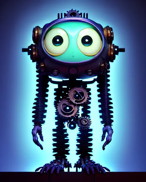 Image similar to a tiny cute cyberpunk monster with cogs rods bolts big eyes smiling waving, back view, isometric 3 d, ultra hd, character design by mark ryden pixar hayao miyazaki, unreal 5, daz, hyperrealistic, octane render, cosplay, rpg portrait, dynamic lighting, intricate detail, front lighting, cinematic, symmetrically isometrically centered