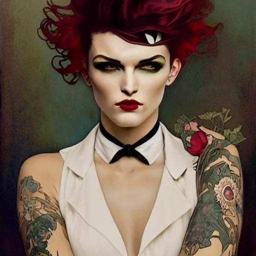 Prompt: beautiful portrait of androgynous ruby rose as desire from sandman in a white tuxedo!!!, rockabilly style, by alphonse mucha, cedric peyravernay, by jeremy mann, by frank moth, white suit and black tie, double picture, soft lightning, high detailed, 8 k