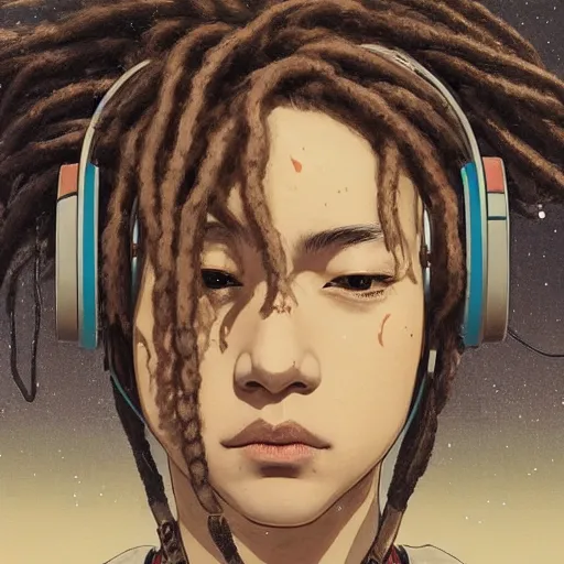 Image similar to a beautiful ukiyo painting of robot with dreadlocks and headphones in profile view, wearing space techwear, detailed symmetrical close up portrait, intricate complexity, by takato yamamoto, wlop, krenz cushart. cinematic dramatic atmosphere, sharp focus