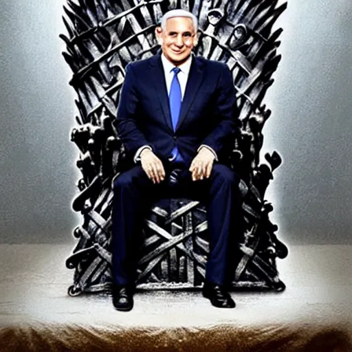 Image similar to “Benjamin Netanyahu sitting on the iron throne, 4k, award winning, realistic, scene from game of thrones”