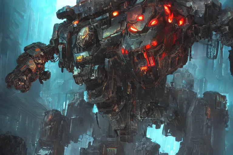 Image similar to ink acid shadow mech warrior, painted by erol otus and david thierree and dan adkins and john berkey, trending on artstation, volumetric lighting macro view muted colors, iridescent colors, dark academia, symbolism, brushwork