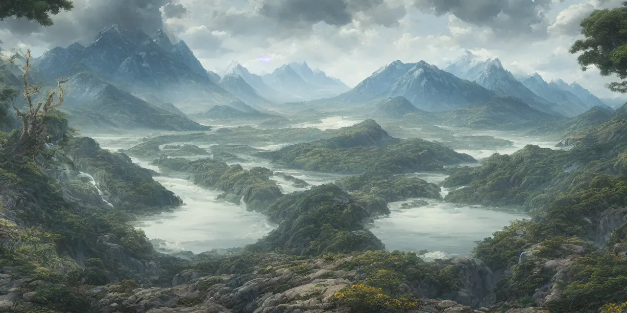 Image similar to a beautiful painting of a scene about a panorama of rivers and mountains, by james jean and yuumei and wang ximeng, trending on artstation., ultrawide viewn and highly detailed matte painting