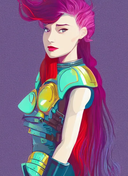 Prompt: a young woman in full plate armor with beautiful rainbow hair and red lips in a dramatic pose. she is a knight. clean cel shaded vector art. shutterstock. behance hd by lois van baarle, artgerm, helen huang, by makoto shinkai and ilya kuvshinov, rossdraws, illustration, art by ilya kuvshinov