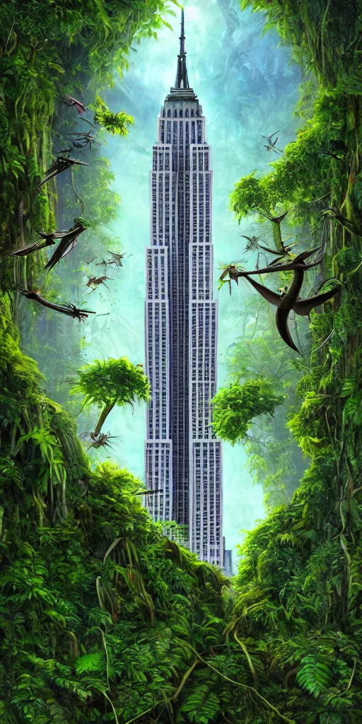 Image similar to an epic view of the empire state building covered in vines, moss, and jungle, with pterosaurs flying, close - up, low angle, wide angle, atmospheric, cinematic, very realistic, highly detailed digital art, painted by tyler edlin